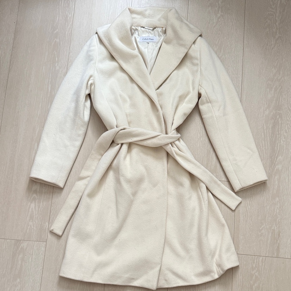 Calvin Klein Cream Belted Wool Blend Coat
